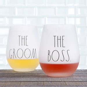RAE DUNN Set of Two Frosted Glasses THE GROOM and THE BOSS NEW IN BOX
